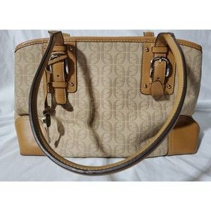 𝅺Fossil Monogram FF Logo Key Tan Canvas Leather Trim Shoulder Purse